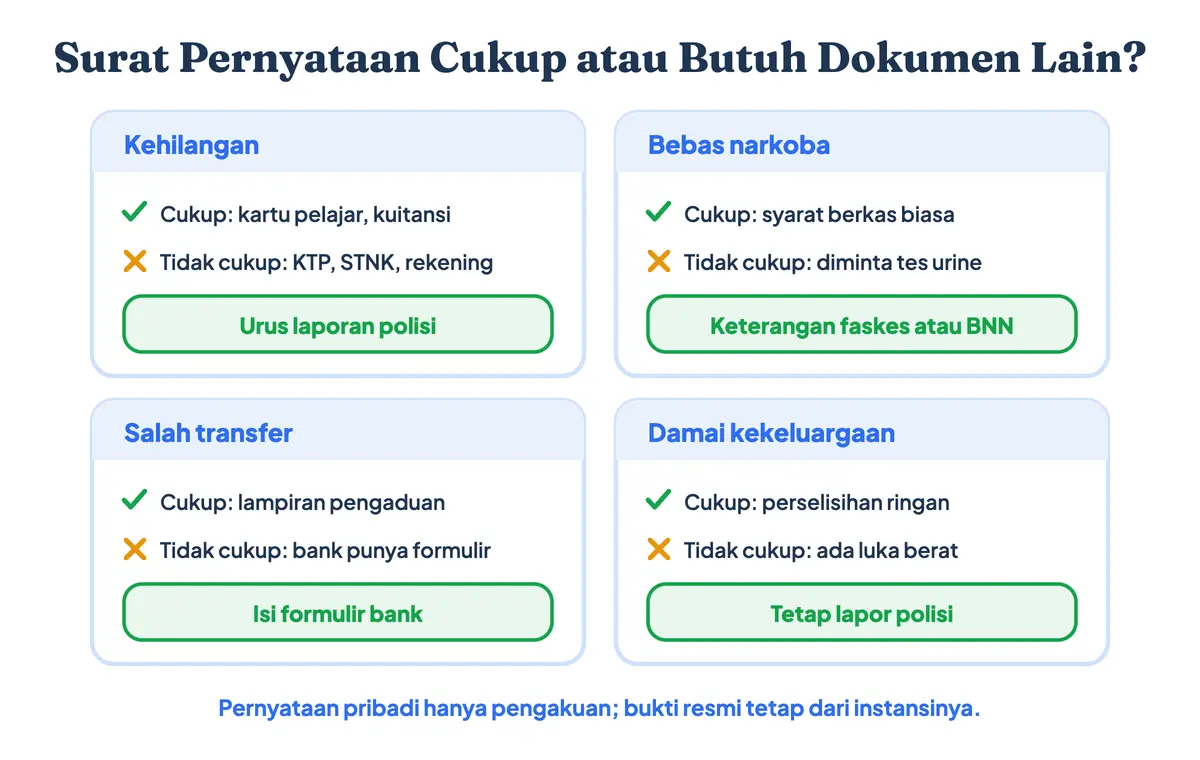 Kapan surat pernyataan kehilangan, surat pernyataan bebas narkoba, salah transfer, dan damai sudah cukup, serta dokumen pengganti bila tidak cukup: laporan polisi, keterangan faskes atau BNN, dan formulir bank