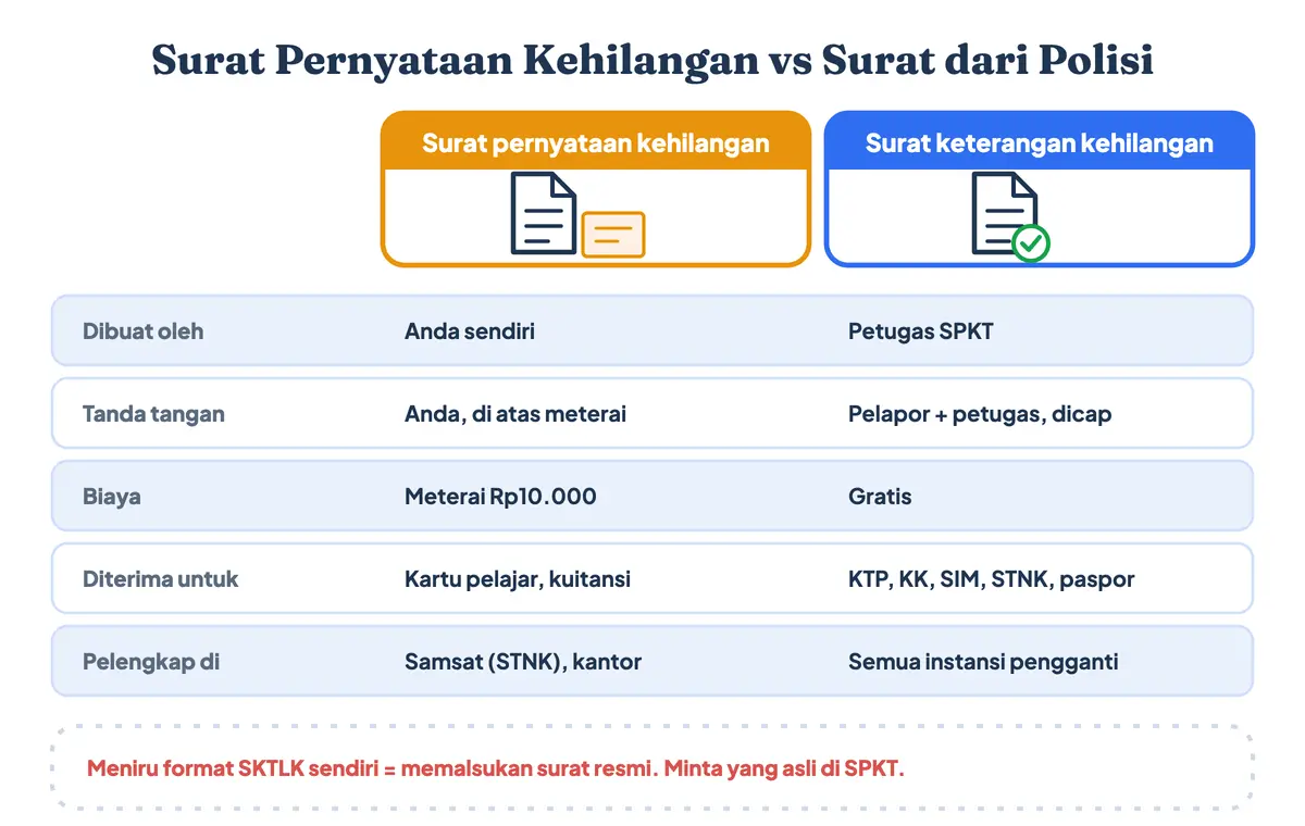 Surat pernyataan kehilangan dibandingkan surat keterangan kehilangan dari kepolisian: pembuat, tanda tangan, biaya meterai atau gratis, dan instansi yang menerimanya, sebagai panduan contoh surat kehilangan yang tepat