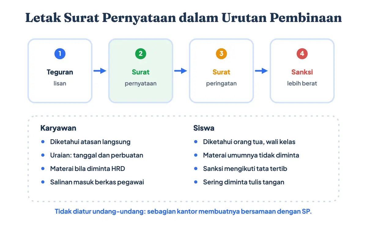 Letak surat pernyataan kesalahan atau surat pernyataan tidak akan mengulangi kesalahan dalam urutan pembinaan karyawan dan siswa, dari teguran lisan sampai surat peringatan