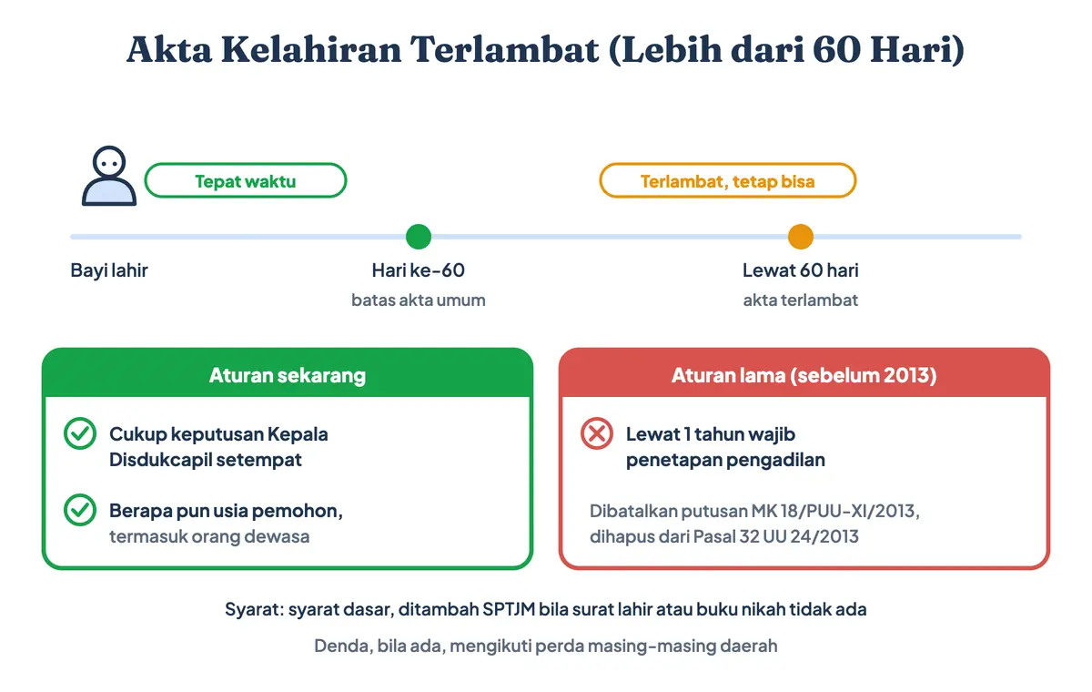 Syarat akta kelahiran terlambat dan syarat membuat akta kelahiran dewasa lebih dari 60 hari: cukup keputusan Kepala Disdukcapil tanpa penetapan pengadilan sejak putusan MK 18/PUU-XI/2013, dengan SPTJM bila surat lahir tidak ada