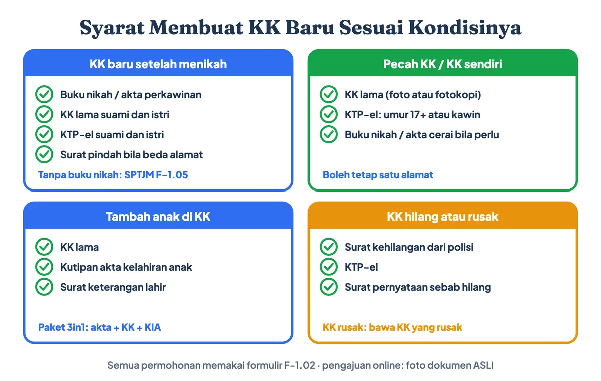 Syarat membuat KK baru sesuai kondisi: syarat membuat KK baru setelah menikah berupa buku nikah dan KK lama, syarat pecah KK berupa KK lama dan KTP-el umur 17 tahun, akta kelahiran untuk tambah anak, dan surat polisi untuk KK hilang