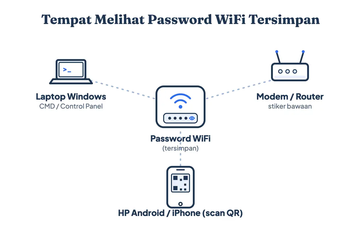 Tiga tempat melihat password WiFi yang tersimpan: laptop Windows, HP Android/iPhone, dan halaman pengaturan modem/router
