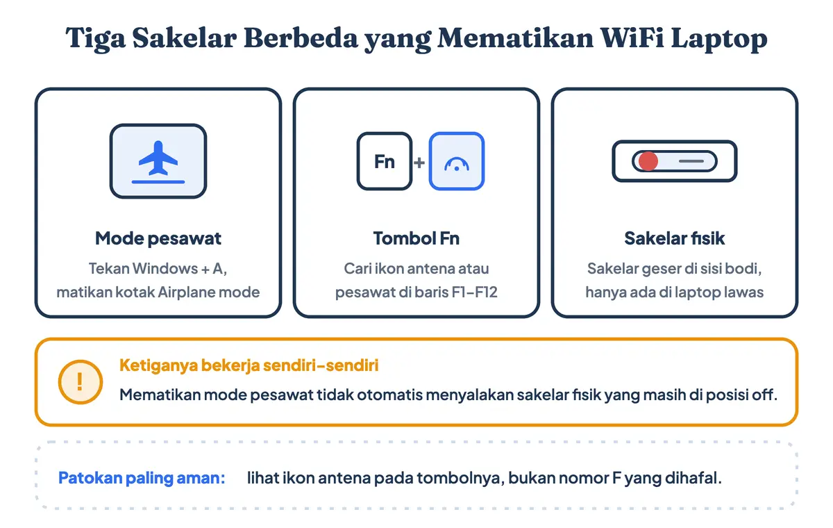 Tiga sakelar yang mematikan WiFi di laptop yaitu mode pesawat, tombol Fn, dan sakelar fisik