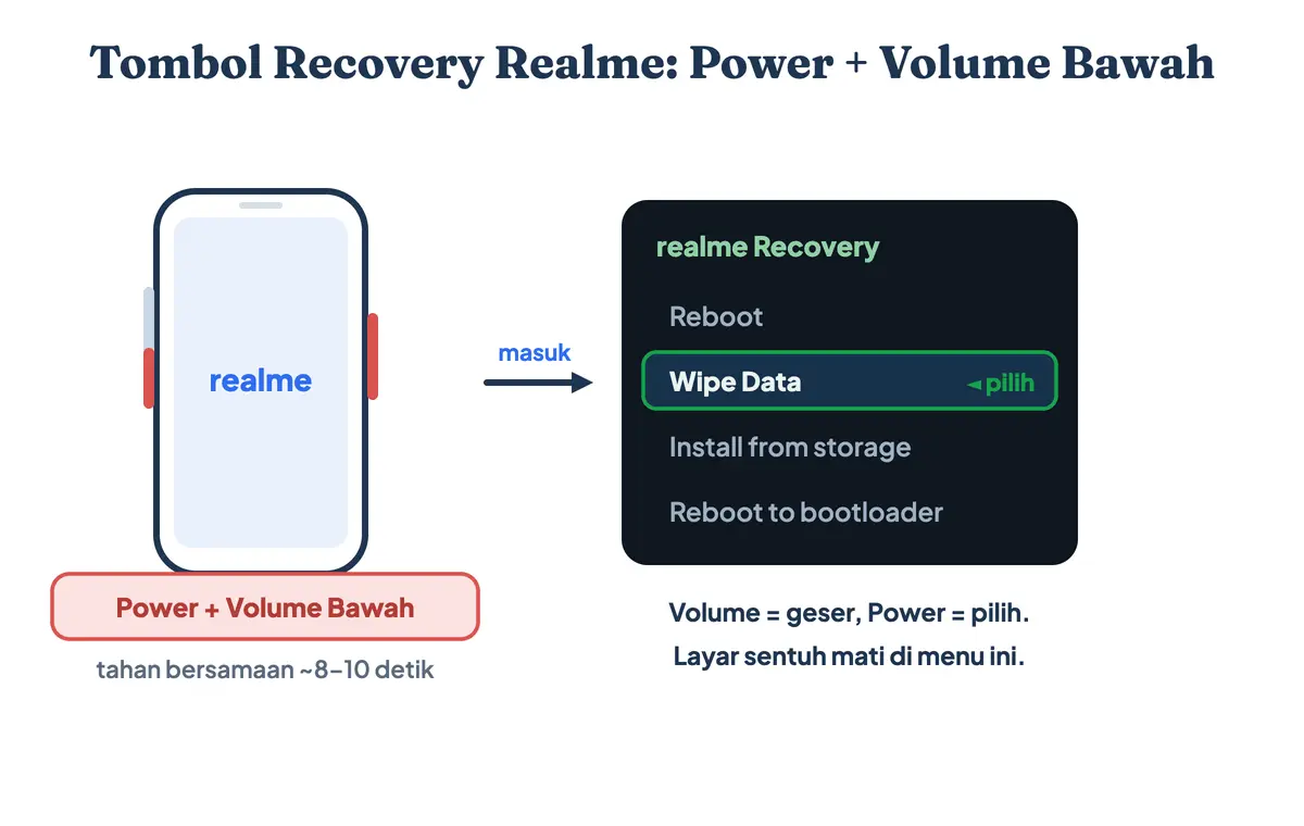 Anatomi tombol Recovery Realme: letak Power dan Volume Bawah pada HP realme serta tampilan menu Recovery Mode dengan pilihan Wipe Data