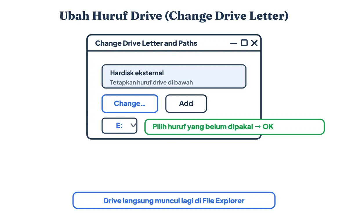 Dialog Change Drive Letter and Paths untuk memberi huruf drive baru pada hardisk eksternal yang tidak terbaca