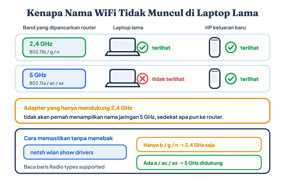 Skema band 2,4 GHz dan 5 GHz yang membuat nama WiFi tidak muncul di laptop lama