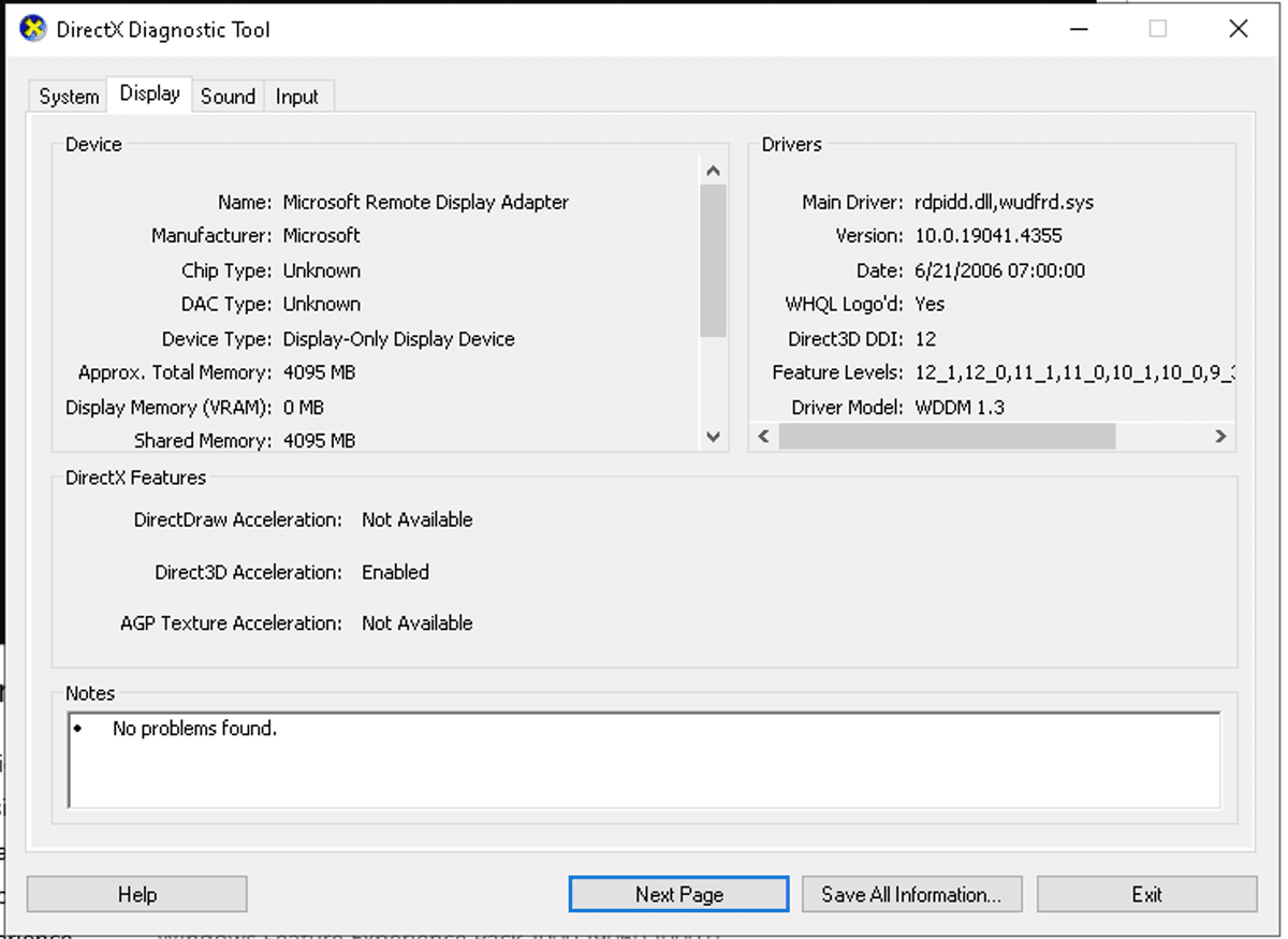 Tab Display pada DirectX Diagnostic Tool (DxDiag) menampilkan nama kartu grafis, Display Memory (VRAM), dan versi driver laptop
