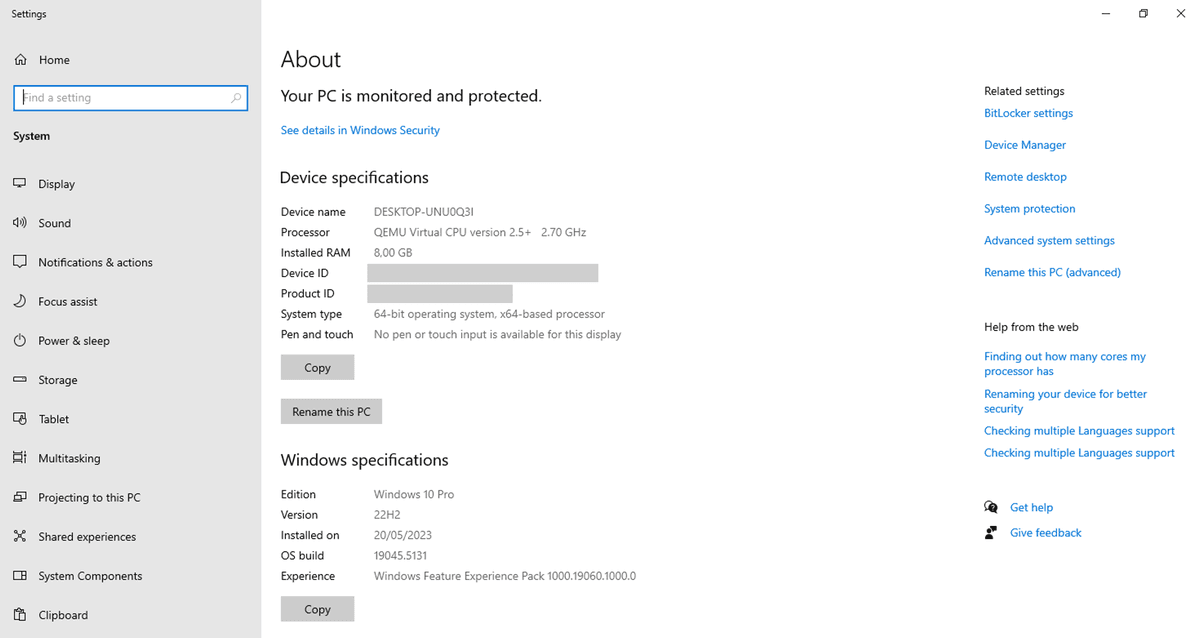 Halaman About di Settings Windows menampilkan Device specifications berisi Processor, Installed RAM, dan System type sebagai cara melihat spesifikasi laptop