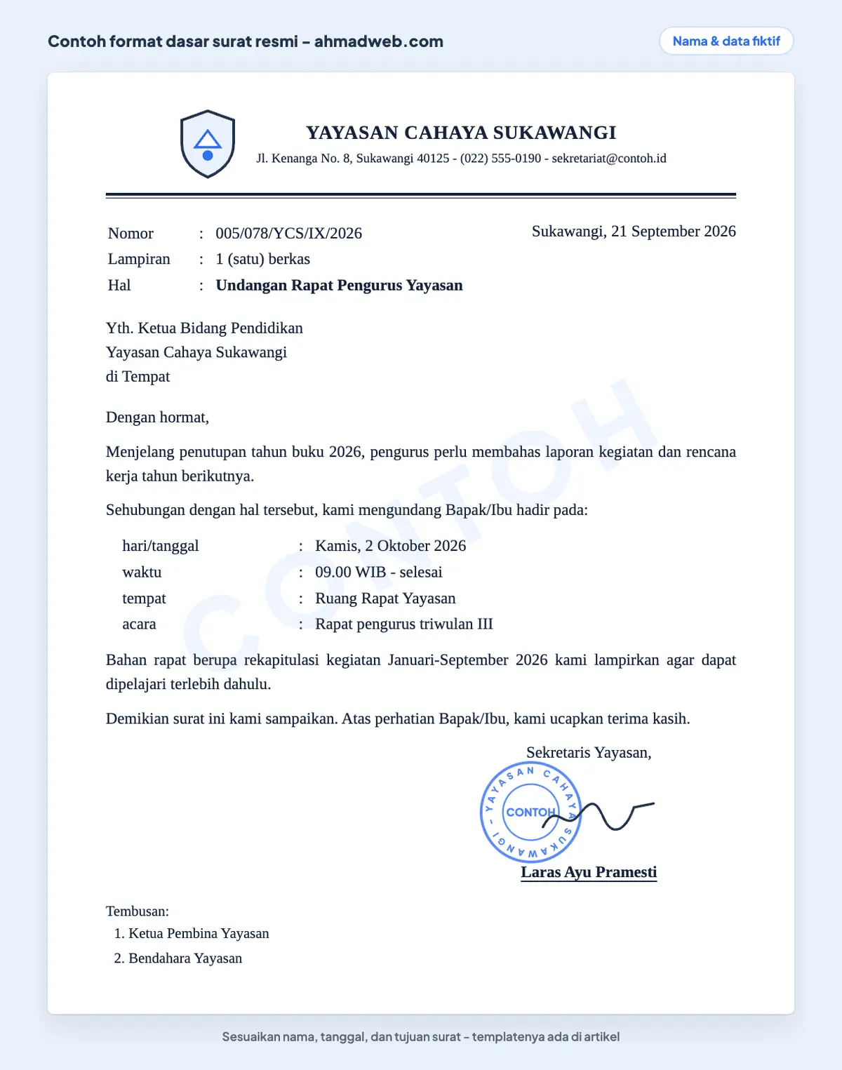Apa itu surat resmi: contoh surat resmi yang benar dan sudah diisi — template surat resmi lengkap dari kop, nomor, lampiran, hal, isi, tanda tangan, cap, sampai contoh surat tembusan di bagian bawah