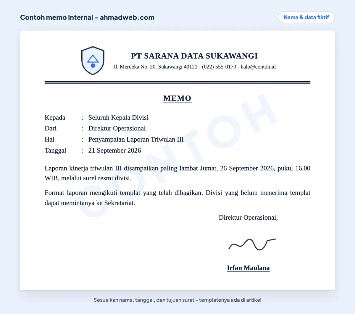Contoh memo internal perusahaan sebagai contoh surat resmi singkat atau contoh surat resmi pendek, dengan blok Kepada, Dari, Hal, dan Tanggal