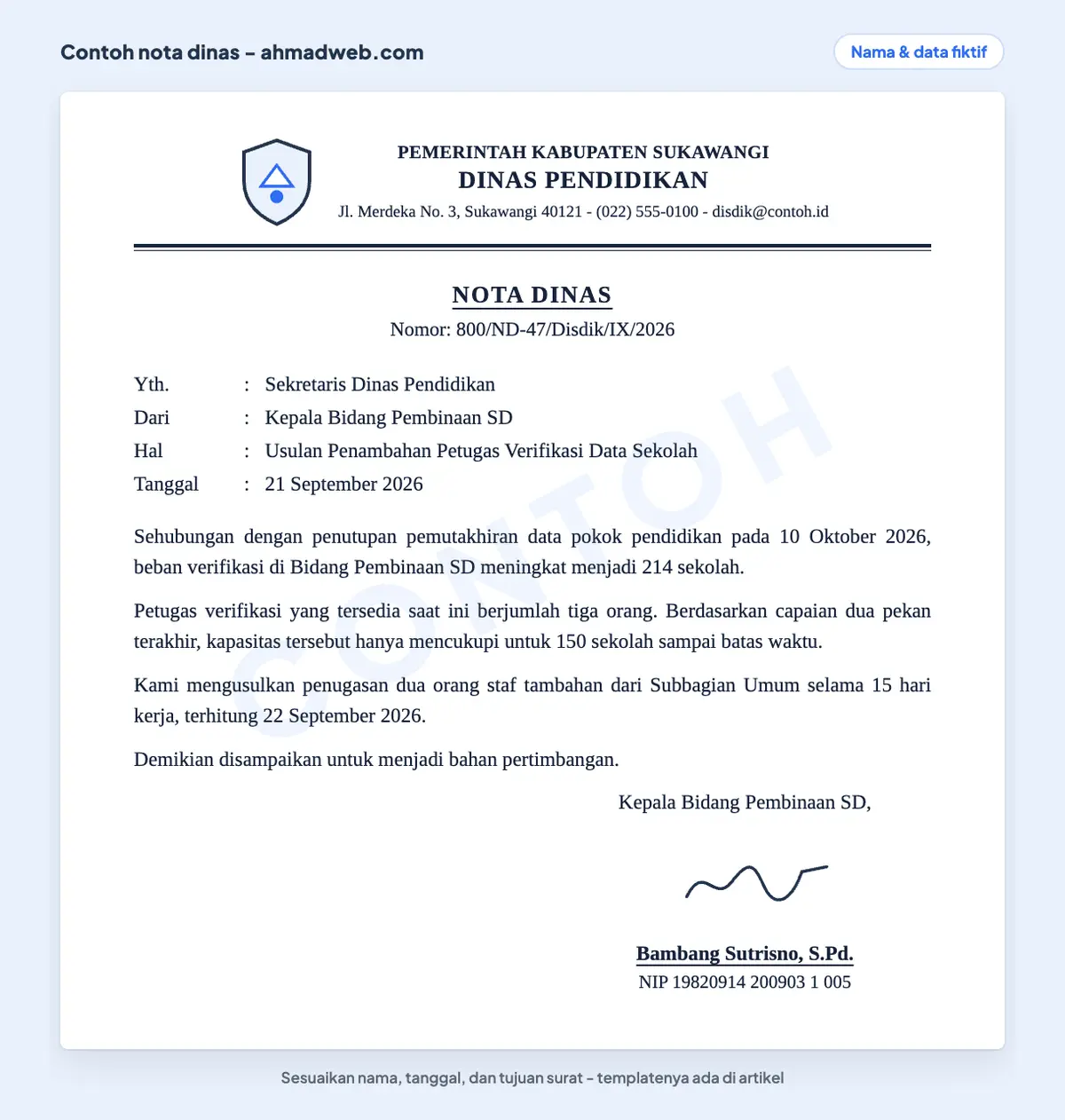 Contoh nota dinas antarunit yang sudah diisi dengan blok Yth, Dari, Hal, dan Tanggal beserta usulan penambahan petugas verifikasi data
