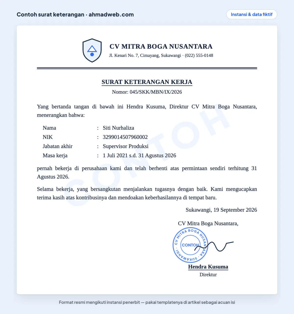 Contoh paklaring atau surat keterangan berhenti kerja untuk karyawan yang sudah keluar, berisi jabatan akhir, masa kerja, dan tanggal berhenti atas permintaan sendiri