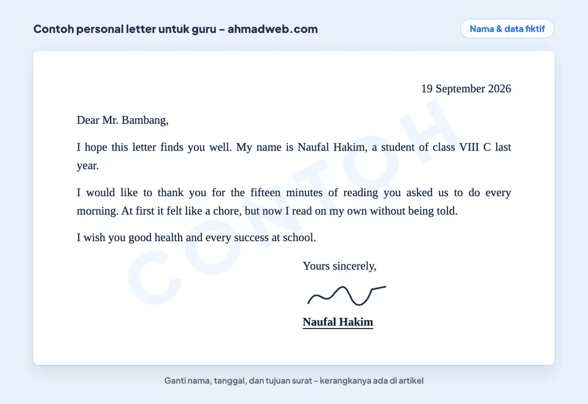 Contoh surat pribadi dalam bahasa Inggris berisi ucapan terima kasih kepada guru, ditutup dengan Yours sincerely