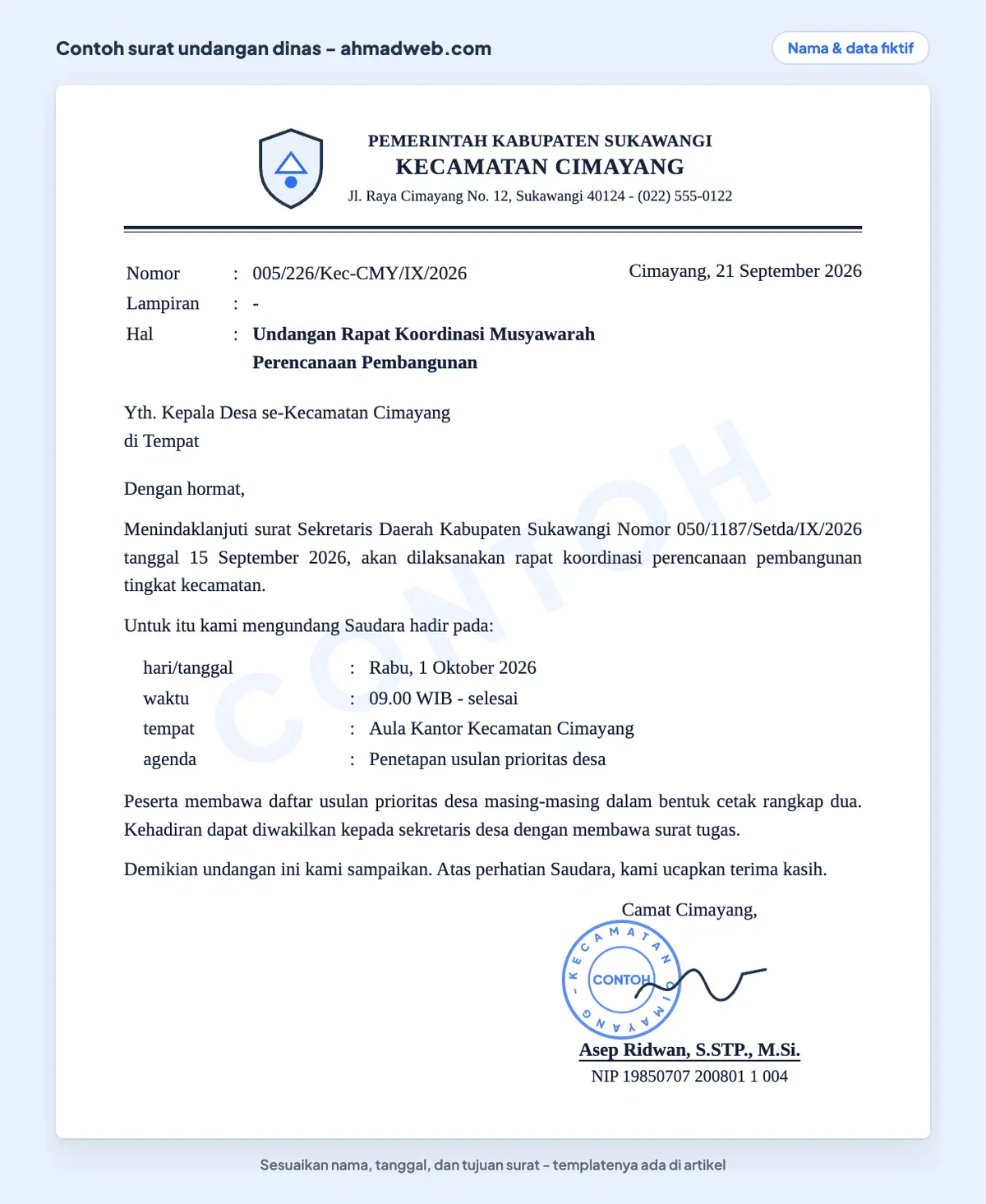Contoh surat dinas resmi berupa surat undangan dinas rapat koordinasi kecamatan, merujuk nomor surat sebelumnya dan memuat ketentuan kehadiran boleh diwakilkan