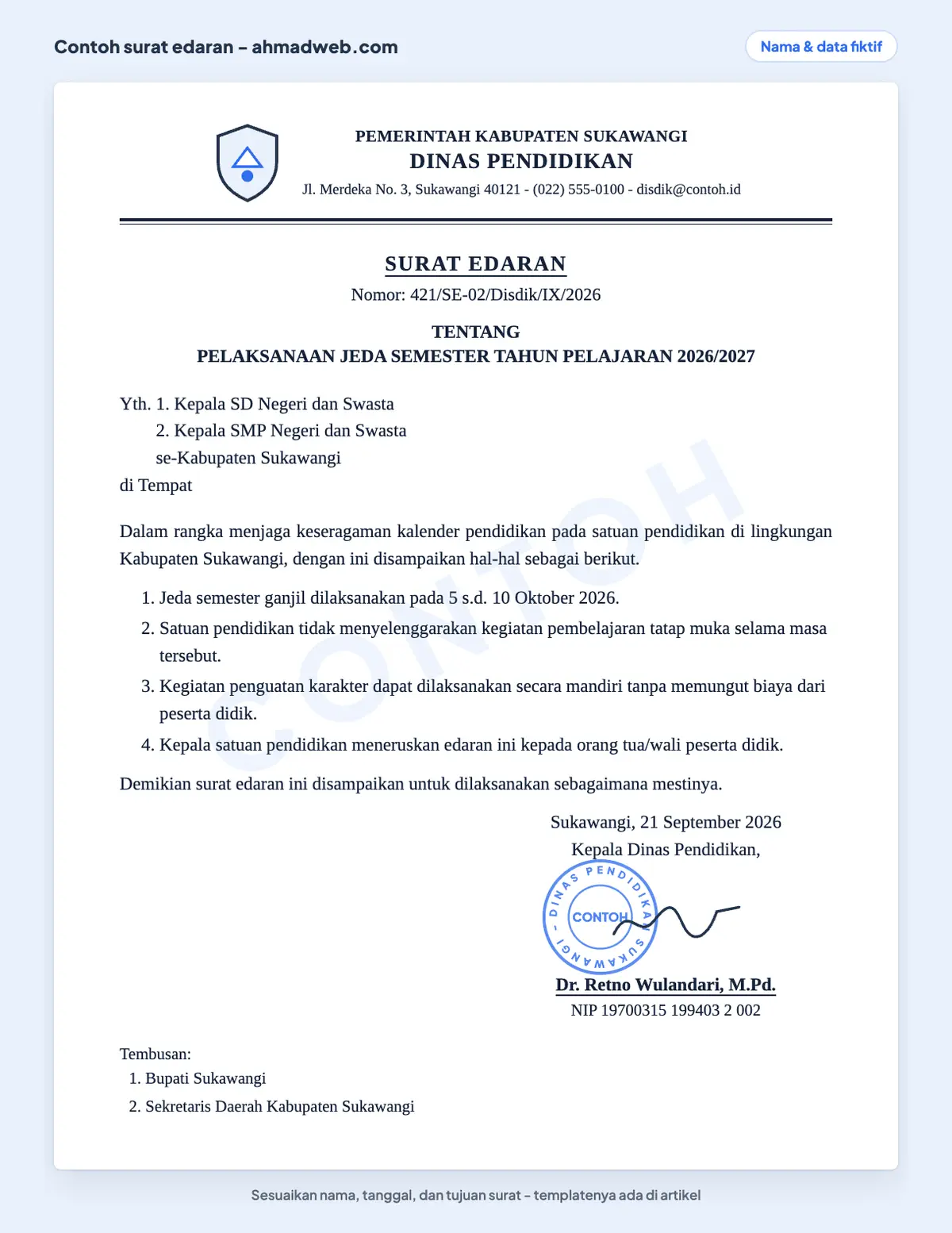 Contoh surat edaran resmi dari instansi pemerintah dengan judul edaran, nomor, daftar penerima bergolongan, butir isi bernomor, dan tembusan
