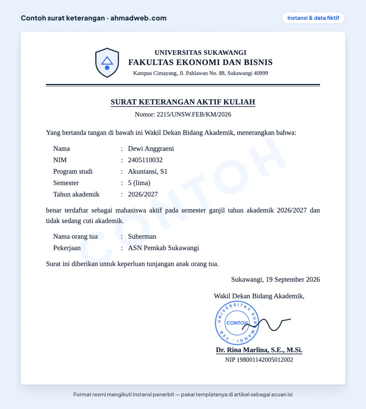Contoh surat keterangan aktif kuliah mahasiswa yang sudah diisi, memuat NIM, program studi, semester, status tidak cuti akademik, dan data orang tua untuk tunjangan anak