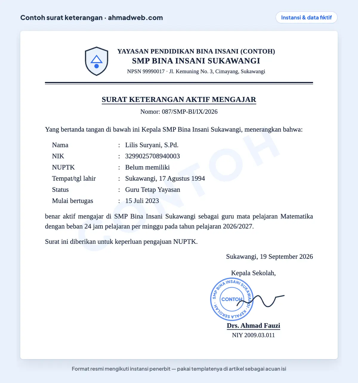 Contoh surat keterangan mengajar atau surat keterangan aktif mengajar guru yang sudah diisi, memuat status guru tetap yayasan, mata pelajaran, beban jam mengajar per minggu, dan keperluan pengajuan NUPTK