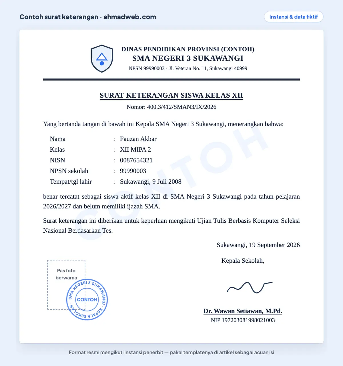 Contoh surat keterangan aktif siswa kelas 12 untuk UTBK yang sudah diisi, memuat nama, kelas, NISN, NPSN sekolah, pas foto berwarna dengan cap sekolah, dan tanda tangan kepala sekolah