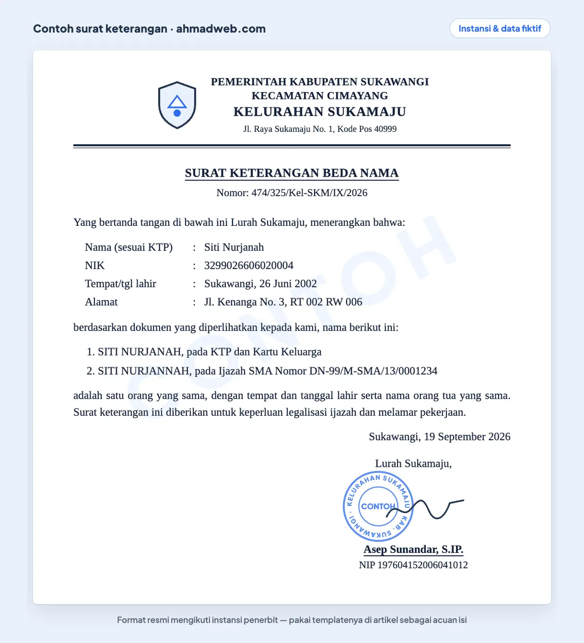 Contoh surat keterangan beda nama dari kelurahan yang sudah diisi, menerangkan dua penulisan nama di KTP dan ijazah sebagai satu orang yang sama untuk legalisasi ijazah