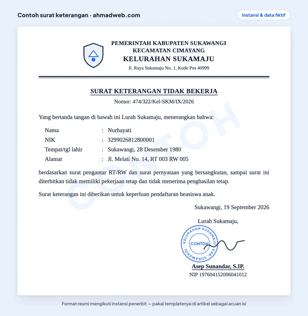 Contoh surat keterangan tidak bekerja, disebut juga surat keterangan belum bekerja, dari kelurahan yang diterbitkan berdasarkan surat pernyataan tidak bekerja dari warga untuk pendaftaran beasiswa anak