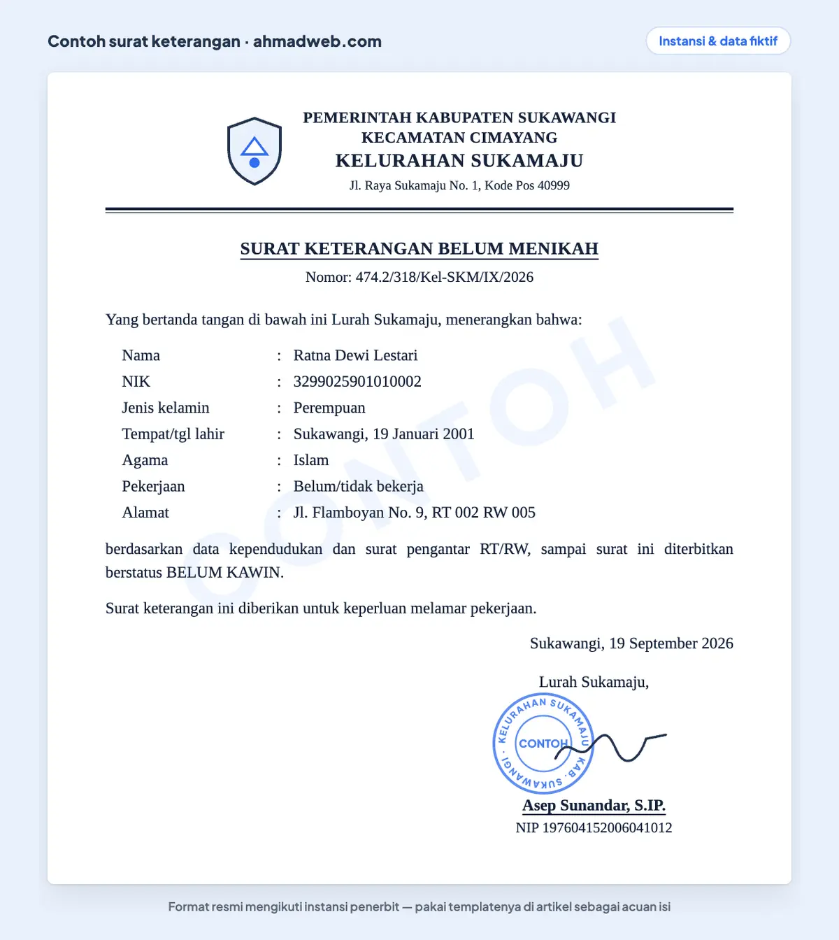 Contoh surat keterangan belum menikah dari kelurahan yang sudah diisi untuk melamar pekerjaan, menerangkan status belum kawin berdasarkan data kependudukan