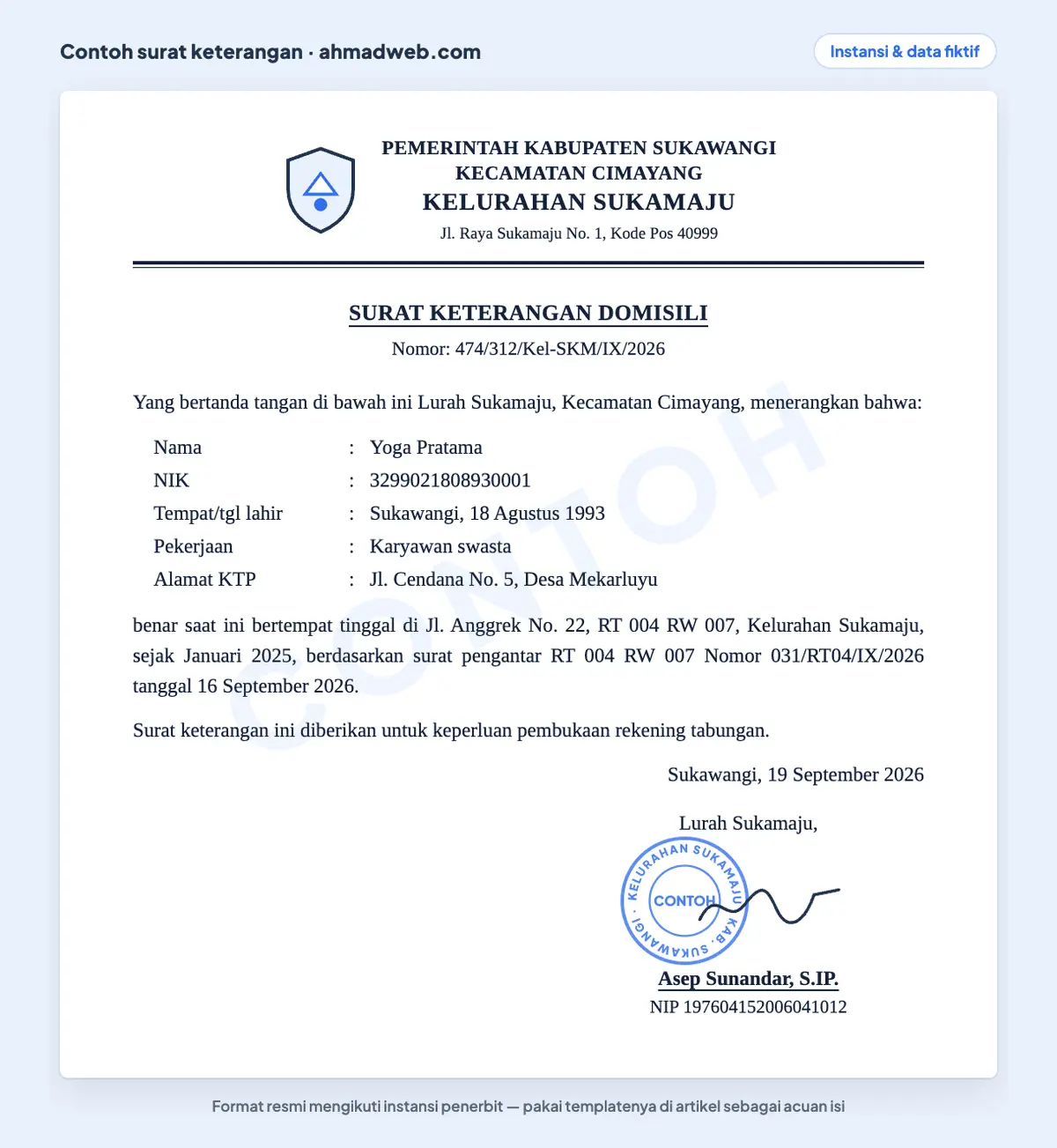 Contoh surat keterangan domisili dari kelurahan yang sudah diisi, membedakan alamat KTP dengan alamat tempat tinggal saat ini berdasarkan pengantar RT dan RW