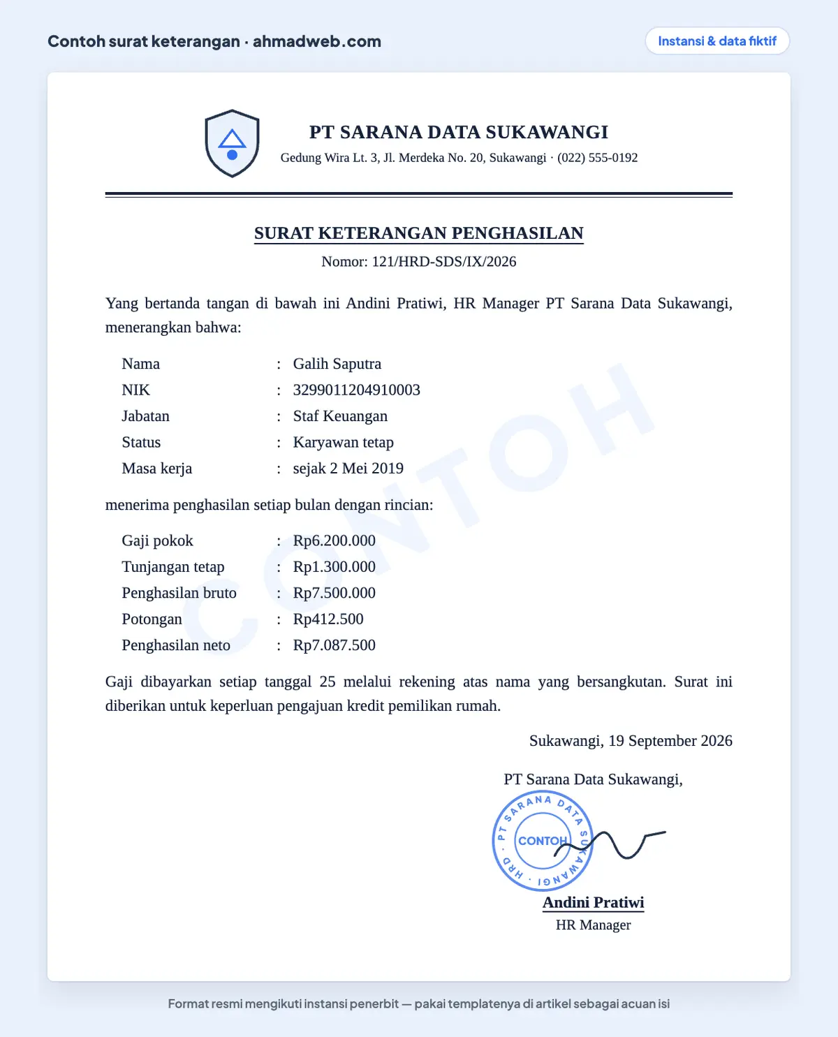 Contoh surat keterangan penghasilan atau surat keterangan gaji karyawan untuk KPR yang memuat gaji pokok, tunjangan tetap, penghasilan bruto, potongan, dan penghasilan neto