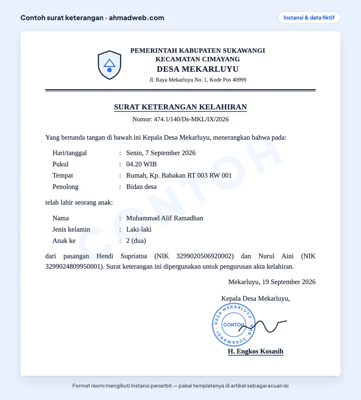 Contoh surat keterangan kelahiran dari kelurahan yang sudah diisi, memuat hari dan jam lahir, tempat lahir di rumah dengan penolong bidan desa, serta identitas kedua orang tua