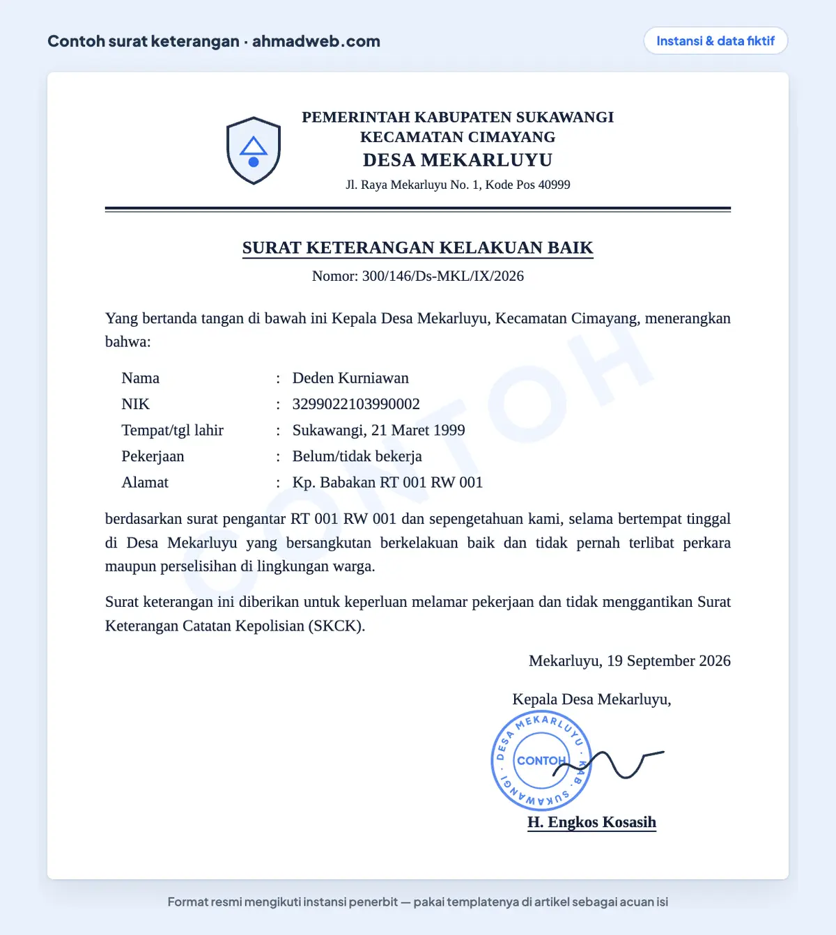 Contoh surat keterangan kelakuan baik dari desa, sering disebut surat keterangan berkelakuan baik, yang diisi untuk melamar pekerjaan dan menegaskan surat ini tidak menggantikan SKCK