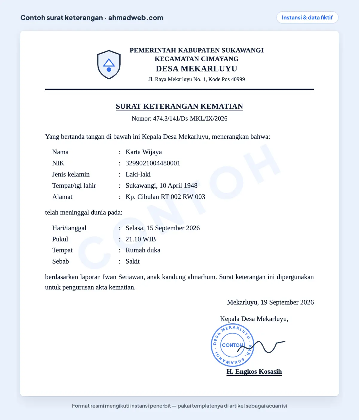 Contoh surat keterangan kematian dari desa yang sudah diisi, memuat identitas almarhum, hari, jam, tempat, dan sebab meninggal, serta nama pelapor untuk pengurusan akta kematian
