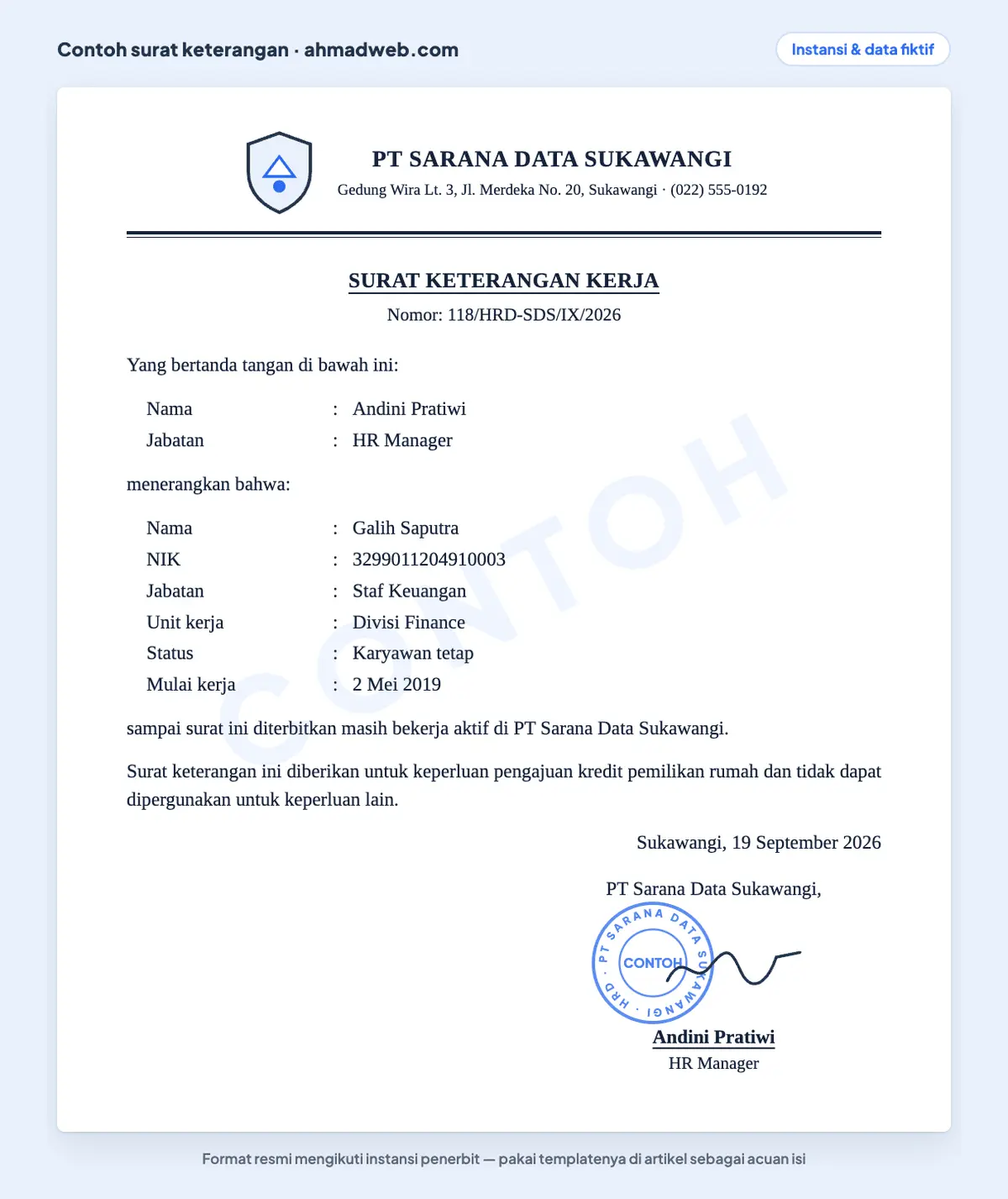Contoh surat keterangan kerja dari perusahaan untuk karyawan aktif, atau surat keterangan aktif bekerja, yang diisi sebagai surat keterangan kerja untuk KPR dengan jabatan, status karyawan tetap, dan tanggal mulai bekerja