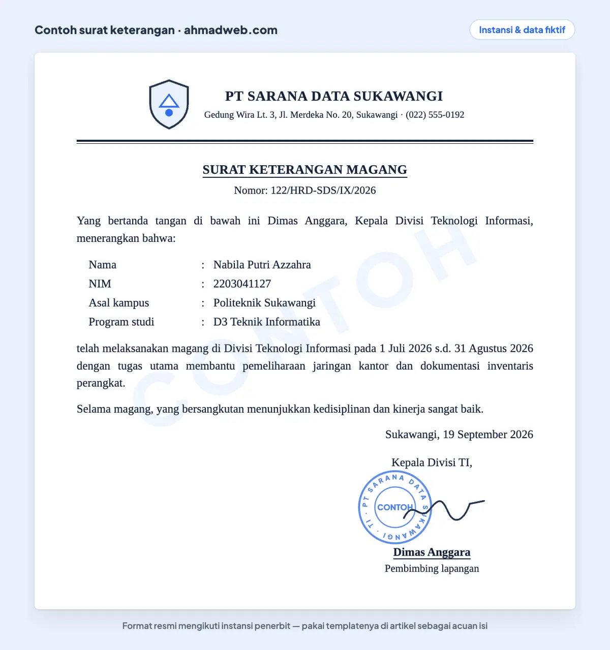 Contoh surat keterangan magang atau PKL yang sudah diisi, memuat identitas mahasiswa, program studi, periode magang, dan tugas utama di divisi teknologi informasi