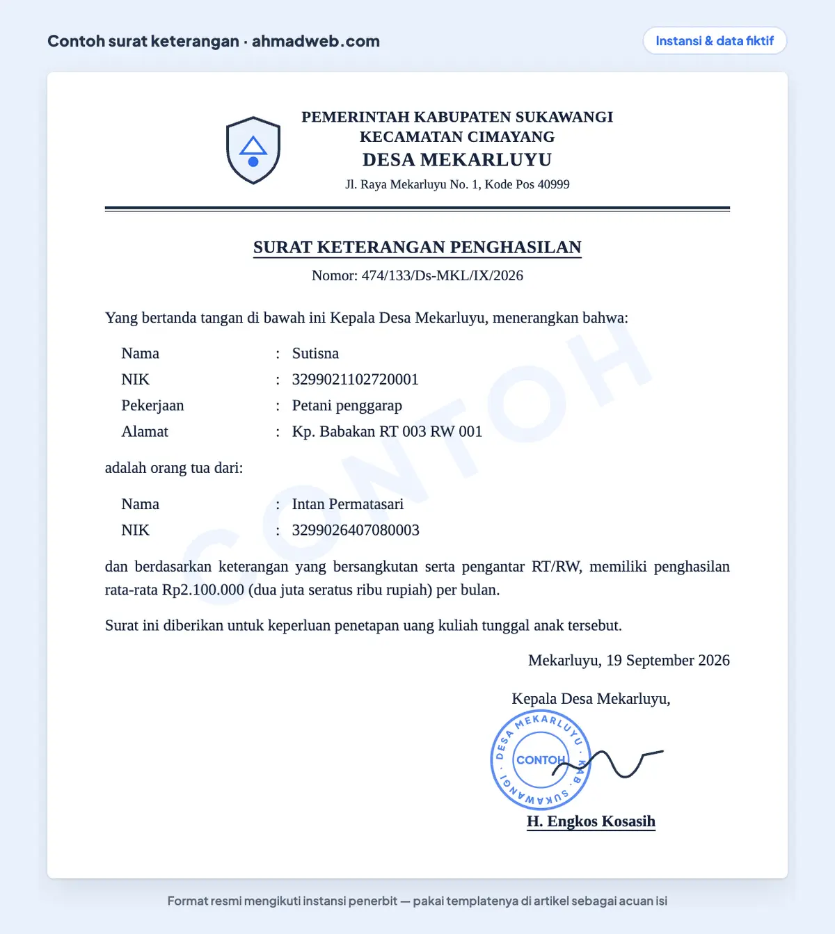 Contoh surat keterangan penghasilan orang tua untuk daftar kuliah dan penetapan UKT, berupa surat keterangan penghasilan dari kelurahan atau desa yang memuat pekerjaan petani penggarap dan penghasilan rata-rata per bulan