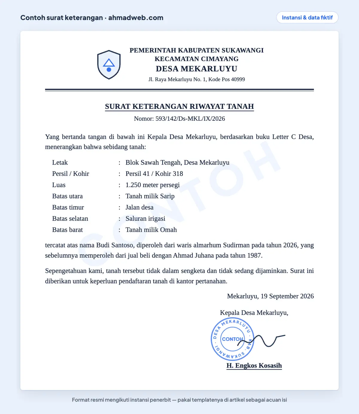 Contoh surat keterangan riwayat tanah dari kepala desa yang sudah diisi berdasarkan buku Letter C, memuat persil, kohir, luas, batas-batas, dan riwayat peralihan tanah