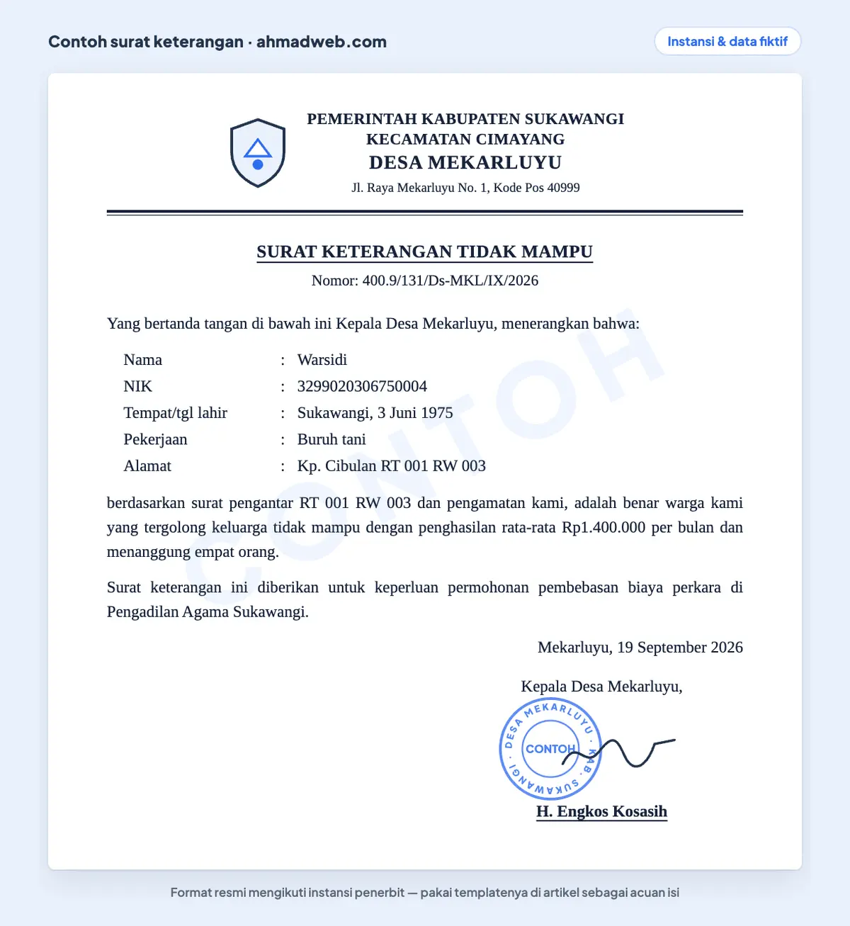 Contoh surat keterangan tidak mampu atau SKTM dari desa yang sudah diisi untuk permohonan pembebasan biaya perkara di pengadilan agama