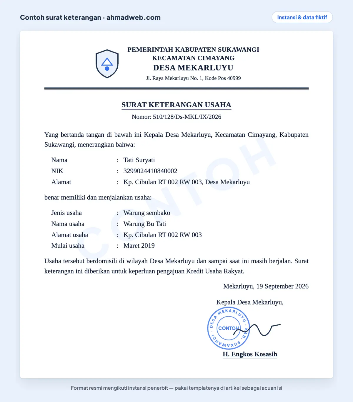 Contoh surat keterangan usaha dari desa untuk pengajuan KUR yang sudah diisi, memuat jenis usaha warung sembako, alamat usaha, dan bulan mulai usaha