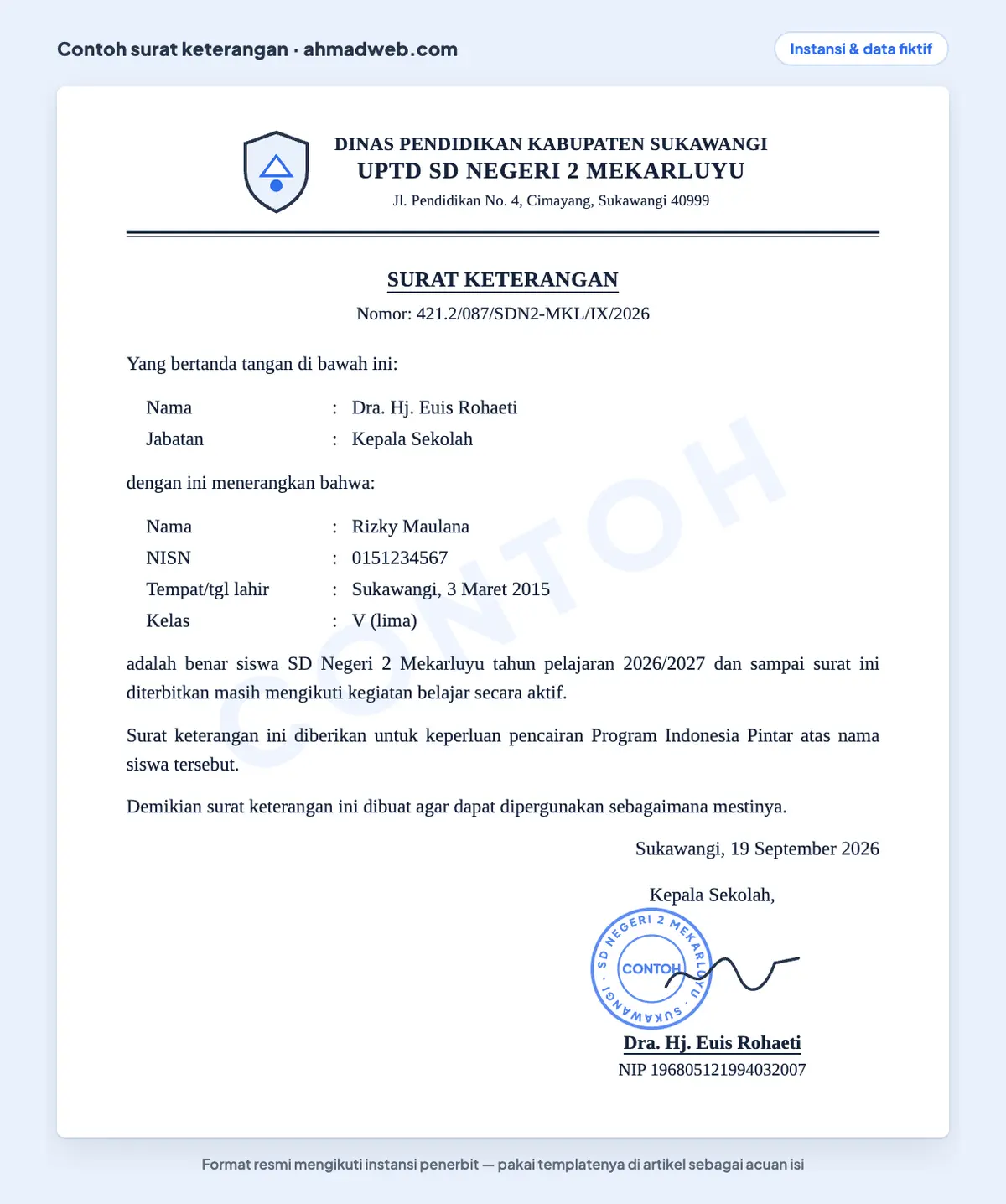 Contoh surat keterangan yang sudah diisi dengan format resmi dari sekolah dasar, lengkap dengan kop, nomor surat, identitas siswa, keperluan, tanda tangan, dan cap