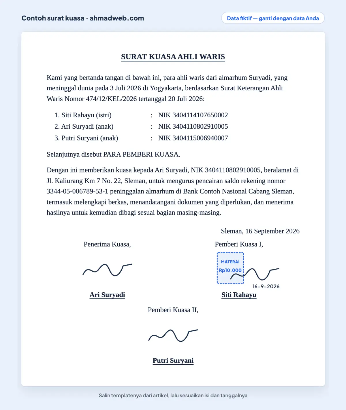Contoh surat kuasa ahli waris bermaterai yang sudah diisi dan ditandatangani seluruh ahli waris untuk mengurus pencairan rekening pewaris (data fiktif)