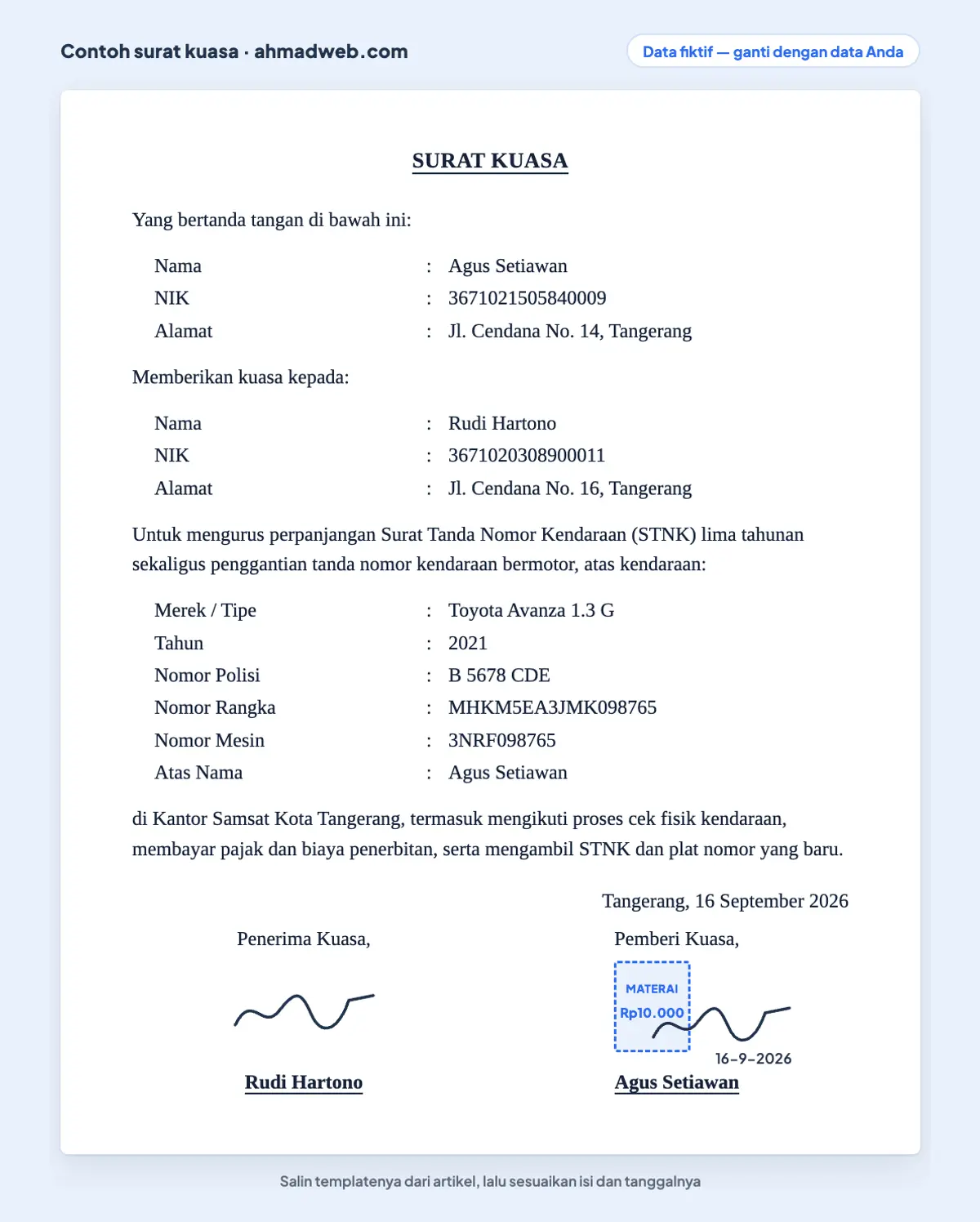 Contoh surat kuasa ganti plat motor 5 tahunan sekaligus perpanjang STNK yang sudah diisi dengan data kendaraan dan nama kantor Samsat tujuan (data fiktif)