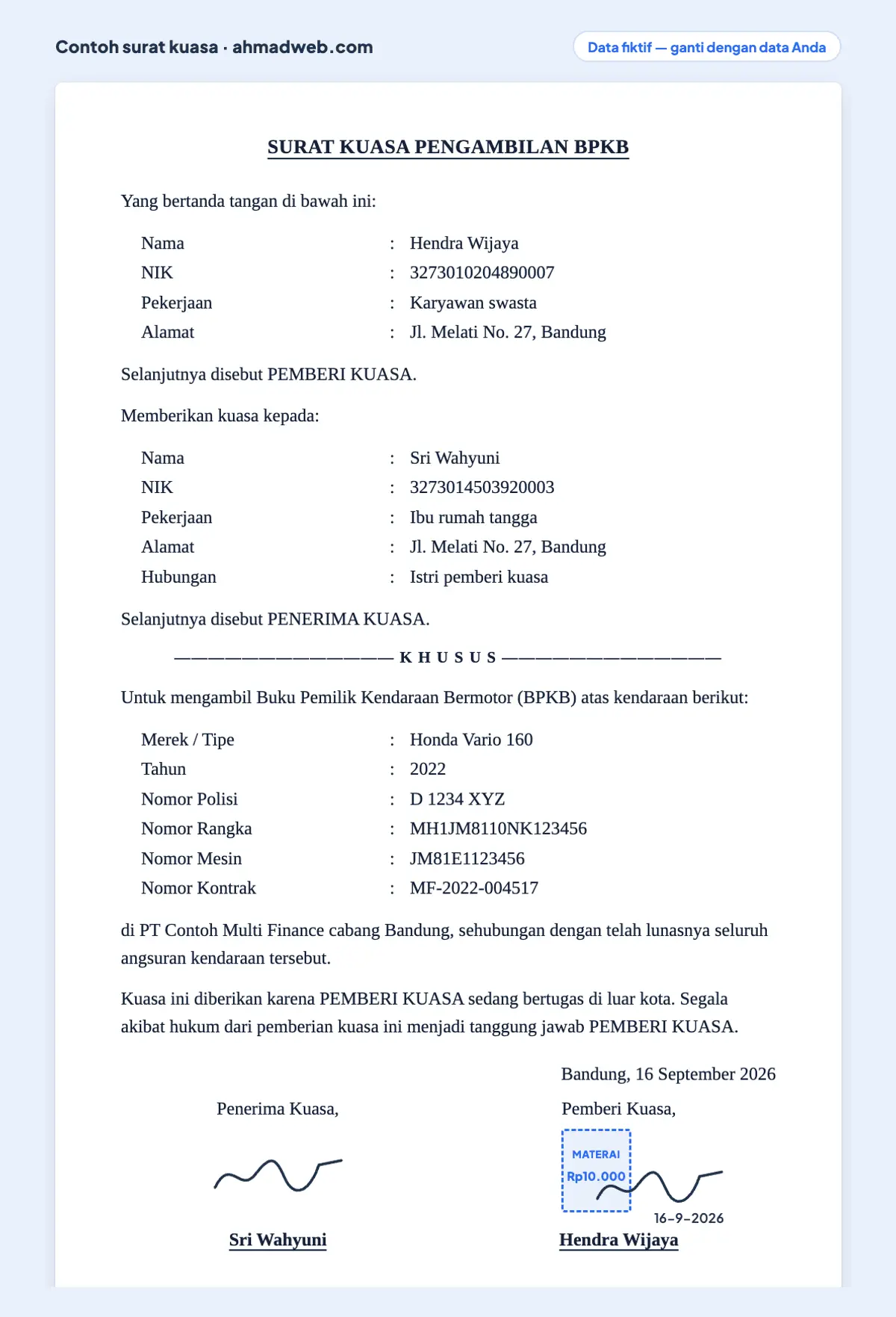 Contoh surat kuasa pengambilan BPKB motor yang sudah diisi lengkap dengan nomor polisi, nomor rangka, nomor mesin, dan nomor kontrak pembiayaan (data fiktif)