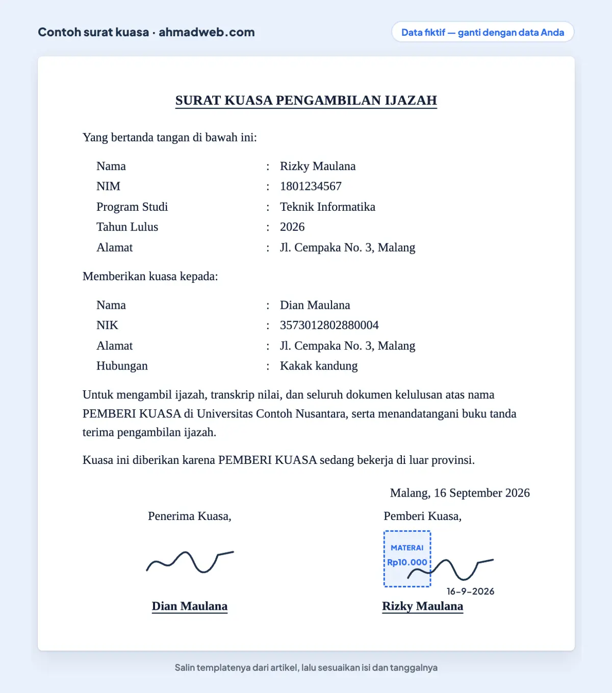 Contoh surat kuasa pengambilan ijazah dan transkrip nilai di kampus yang sudah diisi lengkap dengan NIM serta program studi (data fiktif)