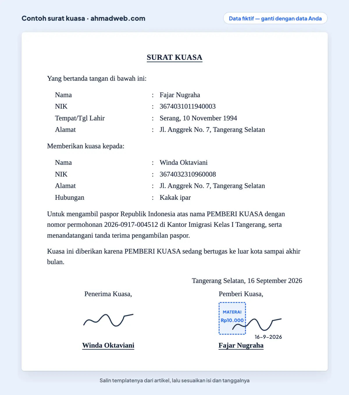 Contoh surat kuasa pengambilan paspor yang sudah diisi dengan nomor permohonan dan nama kantor imigrasi tujuan (data fiktif)