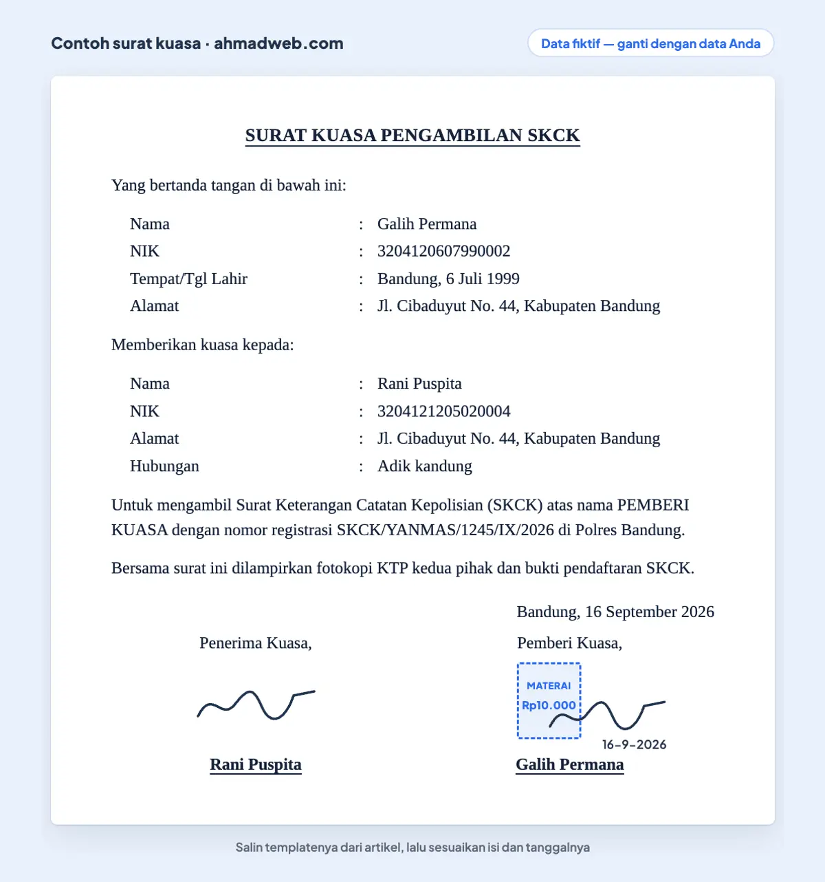 Contoh surat kuasa pengambilan SKCK yang sudah diisi dengan nomor registrasi dan nama Polres tempat berkas diambil (data fiktif)