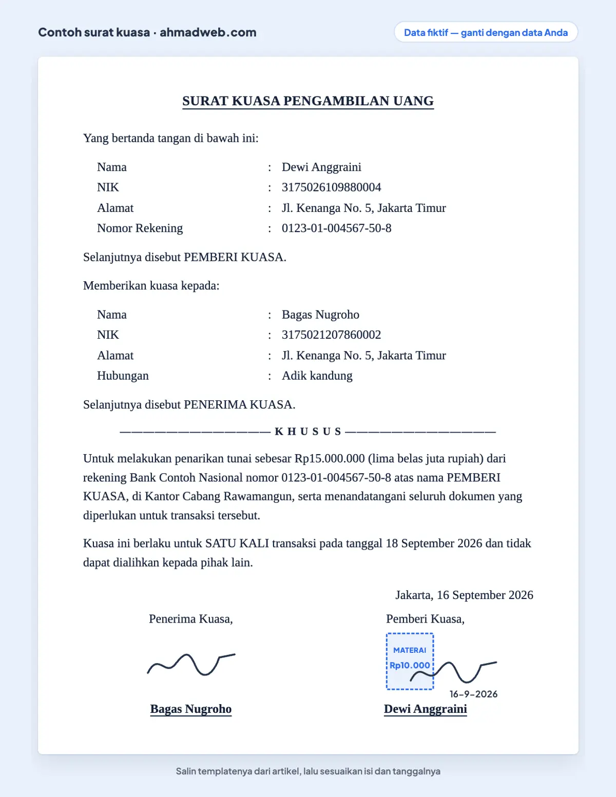 Contoh surat kuasa pengambilan uang di bank yang sudah diisi: nominal ditulis angka sekaligus huruf, nomor rekening, kantor cabang, dan batas satu kali transaksi (data fiktif)