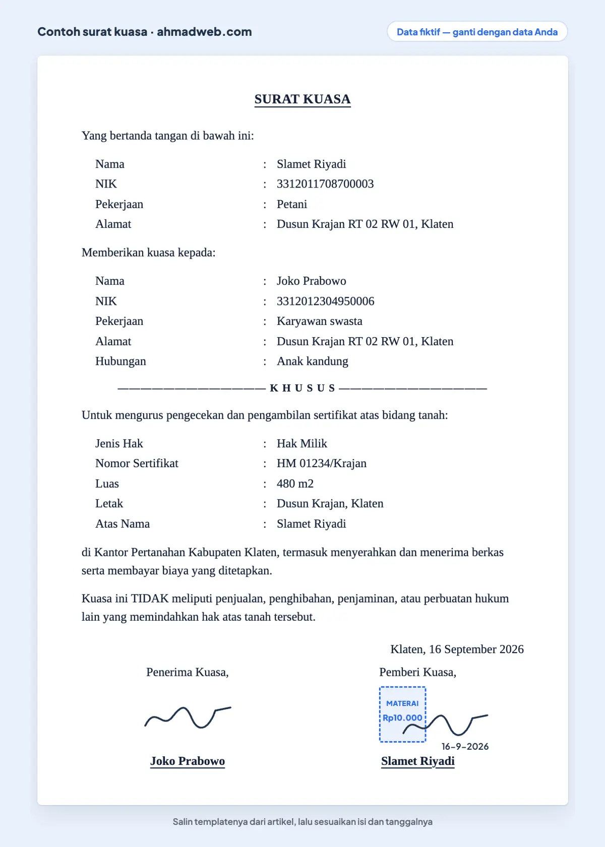 Contoh surat kuasa pengurusan sertifikat tanah yang sudah diisi dengan nomor sertifikat, luas, dan letak bidang, plus kalimat pembatas agar tidak dipakai memindahkan hak (data fiktif)
