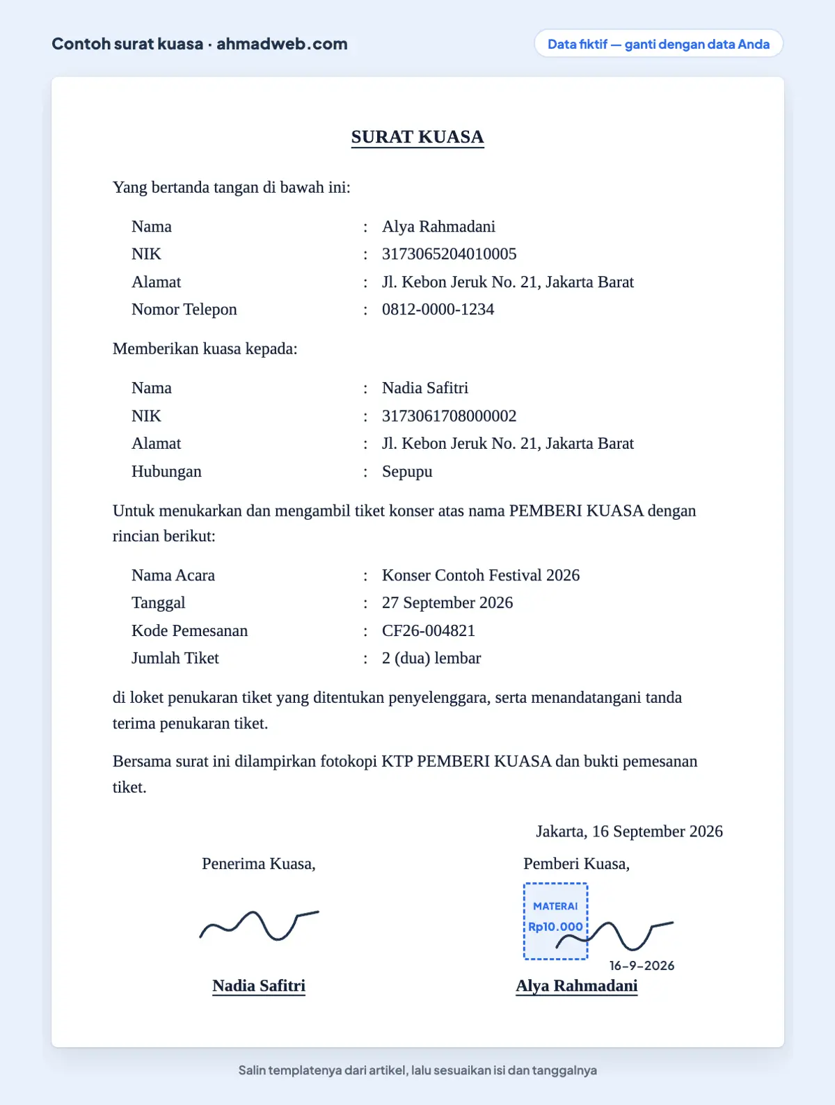 Contoh surat kuasa tiket konser yang sudah diisi, memuat nama acara, tanggal, kode pemesanan, dan jumlah tiket yang ditukarkan di loket (data fiktif)