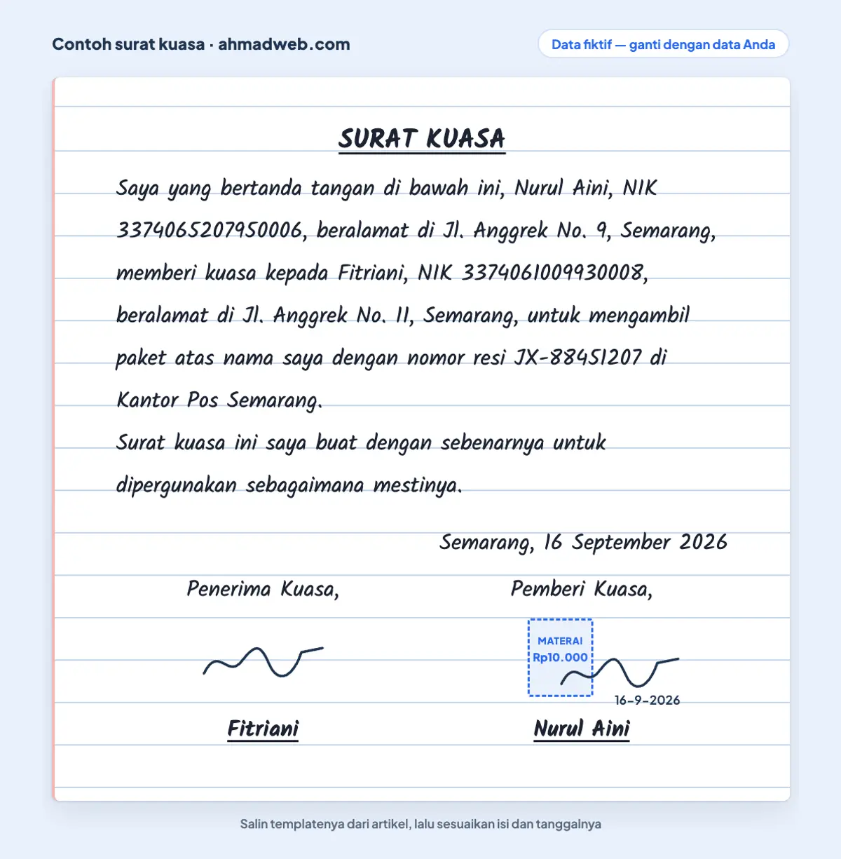Contoh surat kuasa tulis tangan bermaterai di kertas folio bergaris untuk menitipkan pengambilan paket, dengan tanda tangan yang mengenai materai Rp10.000 (data fiktif)