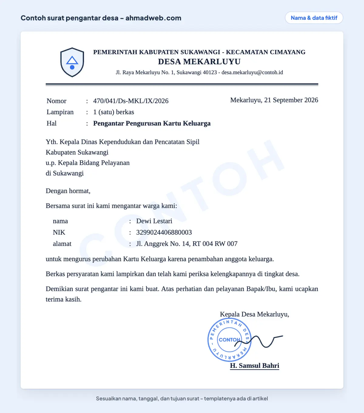 Contoh surat pengantar dinas dari desa yang sudah diisi — contoh surat yang ada lampirannya, ditujukan dengan u.p. kepala bidang dan ditandatangani kepala desa