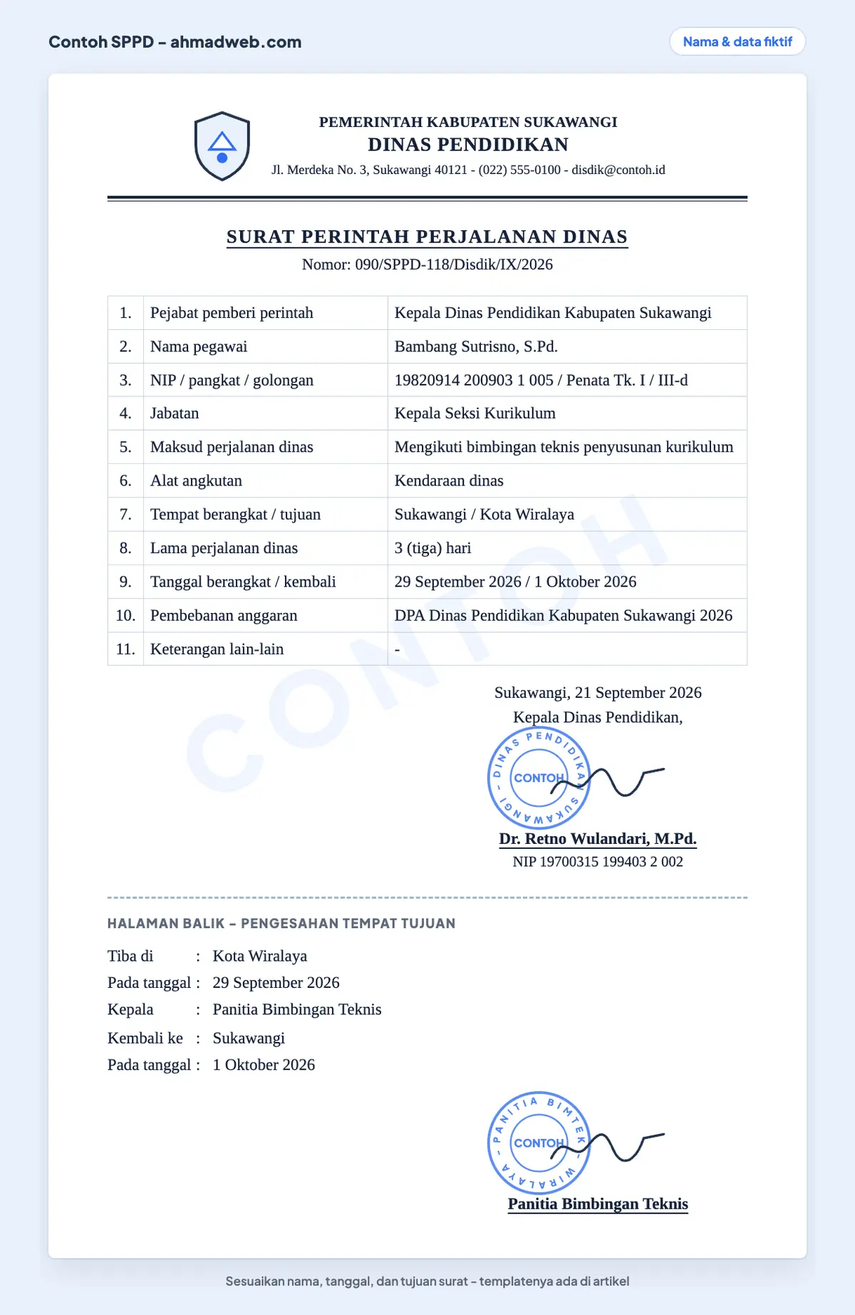 Contoh surat perjalanan dinas atau SPPD yang sudah diisi, pendamping contoh surat tugas perjalanan dinas: sebelas butir formulir surat perintah perjalanan dinas beserta kolom pengesahan di halaman balik