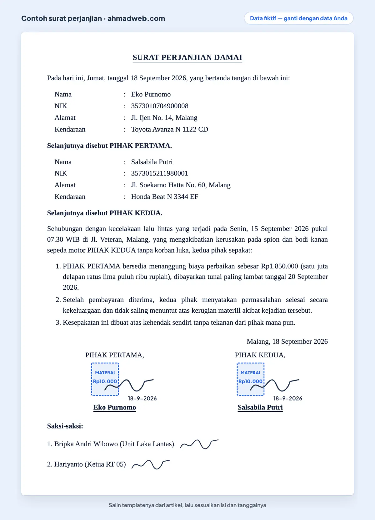 Contoh surat perjanjian damai tidak akan menuntut setelah biaya perbaikan dibayar, memuat kronologi kecelakaan ringan dan kolom saksi